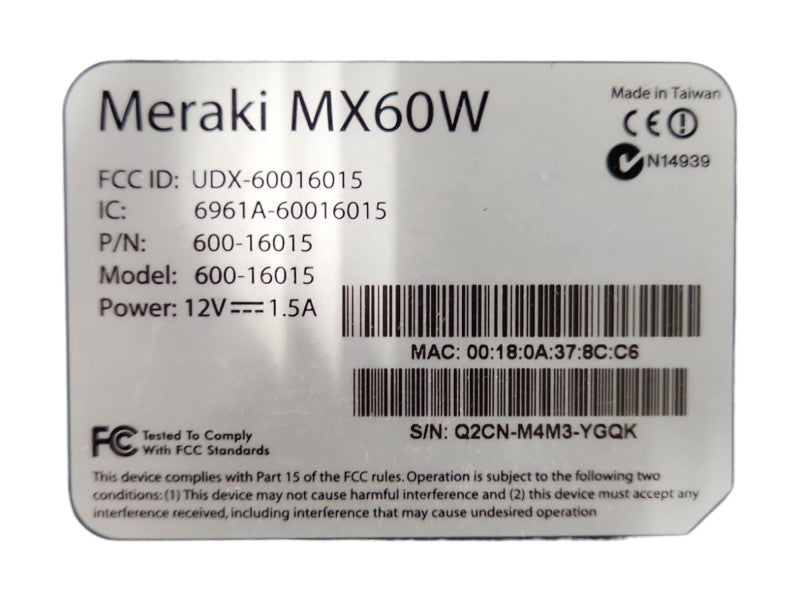 Cisco Meraki MX60W Cloud Managed Small Branch Security Appliance, UNCLAIMED