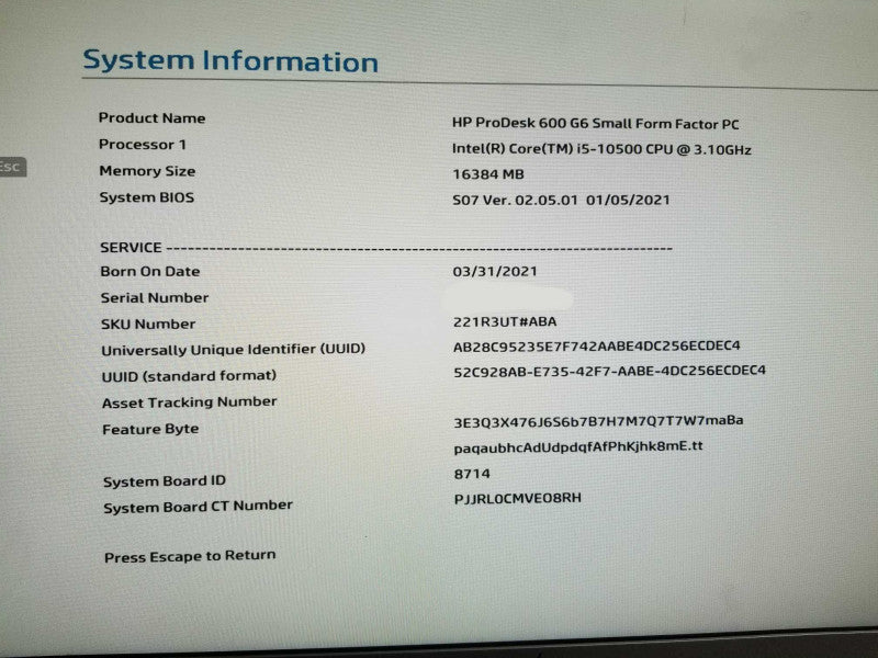 Hp Prodesk 600 G6 SFF Desktop, i5-10500CPU@3.10 GHz, 16GB DDR4 RAM