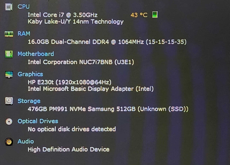 Intel NUC NUC7i7BNH, i7-7567U 3.5GHz, 16GB DDR4, 512GB NVMe, WiFi
