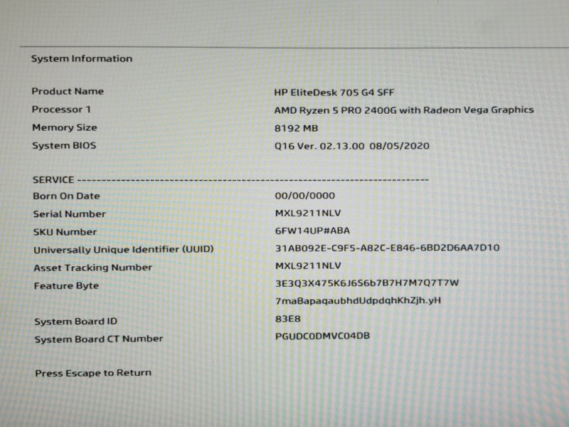 HP EliteDesk 705 G4 USFF Desktop AMD Ryzen 5 PRO 2400GE 8GB RAM NO HDD