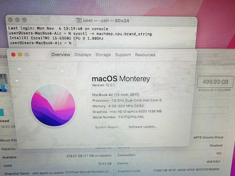 Apple Macbook Air 2017 13" 2-Core i5-5350U @ 1.8GHz 8GB DDR3 500GB SSD (