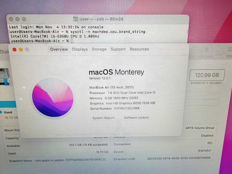 Apple Macbook Air 2017 13" 2-Core i5-5350U @ 1.8GHz 8GB DDR3 120GB SSD (