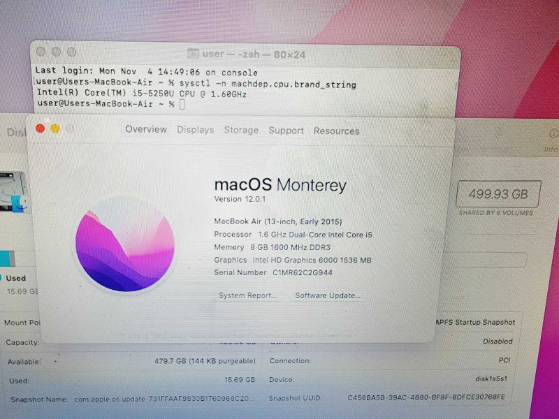 Apple Macbook Air 2015 13" 2-Core i5-5250U @ 1.6GHz 8GB DDR3 500GB SSD (
