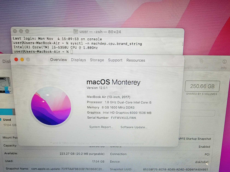 Apple Macbook Air 2017 13" 2-Core i5-5350U @ 1.8GHz 8GB DDR3 250GB SSD (