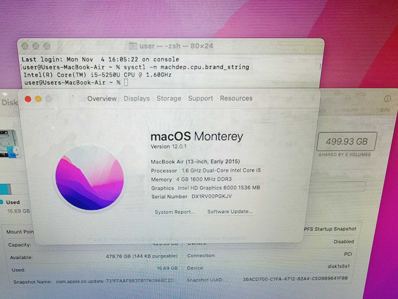 Apple Macbook Air 2015 13" 2-Core i5-5250U @ 1.6GHz 4GB DDR3 500GB SSD (
