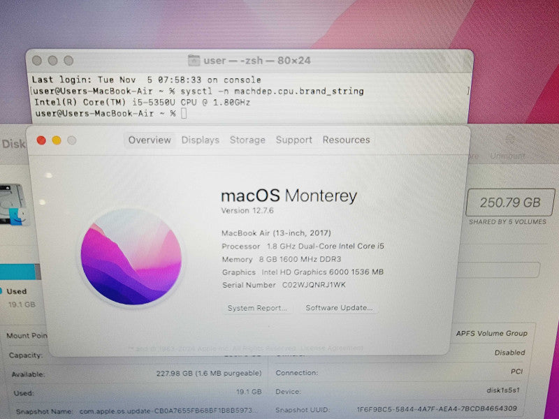 Apple Macbook Air 2017 13" 2-Core i5-5350U @ 1.8GHz 8GB DDR3 250GB SSD  (