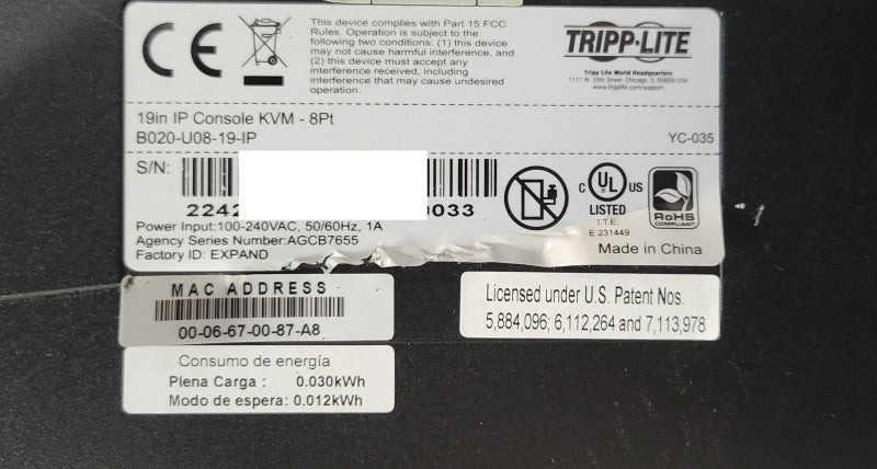 Tripp Lite B020-U08-19-IP NetDirector 19" Console 8-Port KVM Switch 1U Rackmo Q_