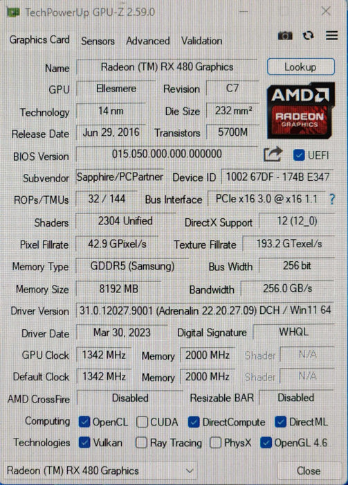 SAPPHIRE NITRO+ Radeon RX 480 OC 8GB GDDR5 Video Card