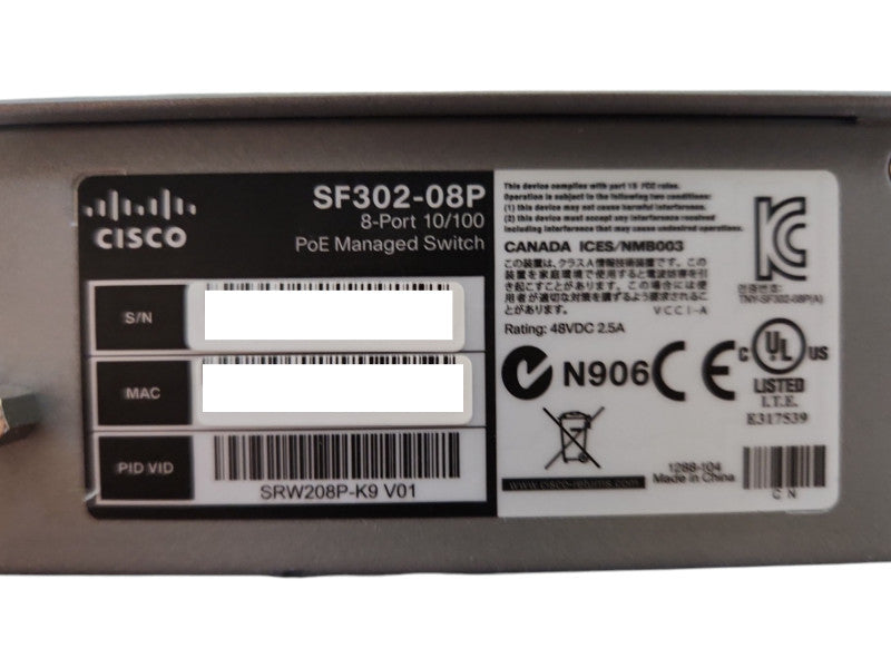 Cisco SF302-08P 8-Port 10/100 Small Business PoE Managed Switch w/ Rack Ears