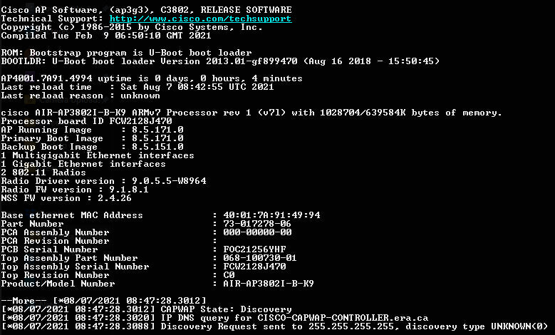 Cisco AIR-AP3802I-B-K9 Wireless Access Point, Factory Reset