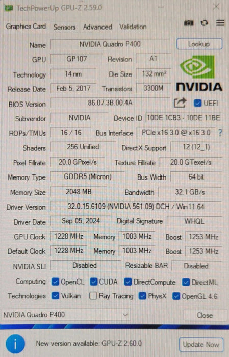 NVIDIA Quadro P400 2GB GDDR5 PCIe 3.0 x16 3x Mini DP _