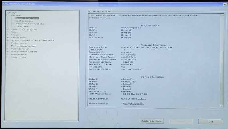 Dell Precision Tower 3620, i7-6700 3.40GHz, 32GB RAM, No HDD, No GPU