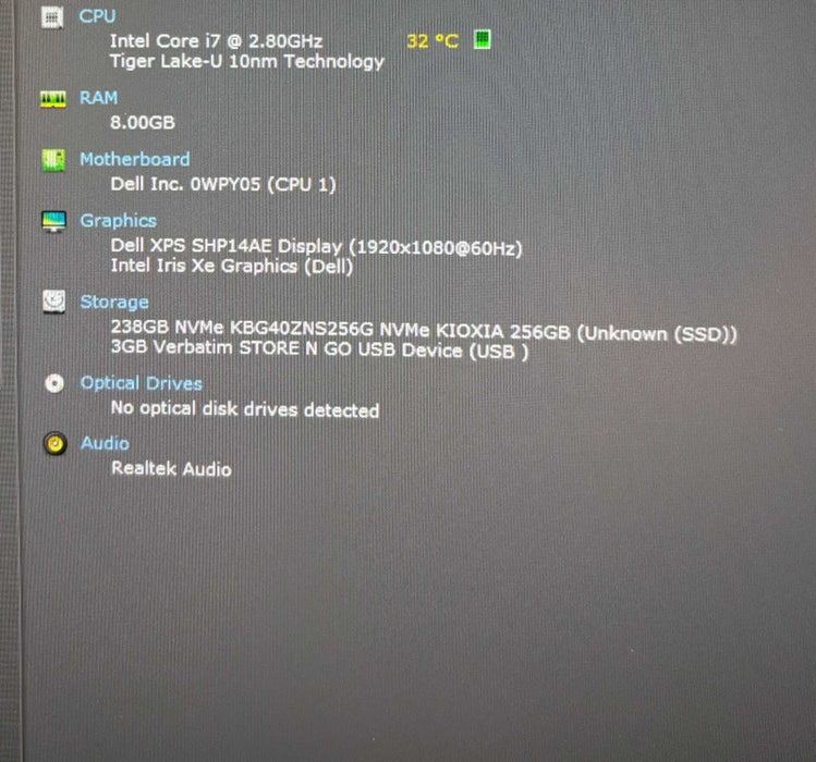 Dell XPS 13 9305 Intel Core i7-1165G7@2.8GHz 8GB RAM 256GB SSD Q Lap200