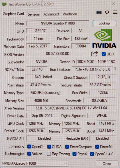 NVIDIA Quadro P1000 4GB Graphics Card, 4x mini DisplayPort Q