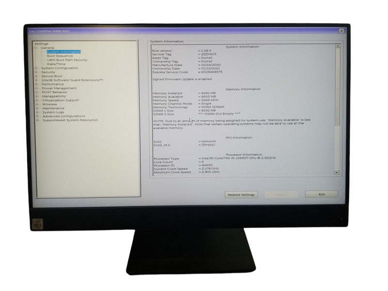 Dell OptiPlex 5480 AIO 23.8" FHD i5-10500T 2.3GHz 8GB RAM NO HDD/SSD