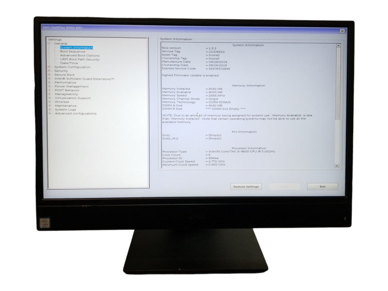Dell OptiPlex 5260 21.4" AiO Intel i5-8600 @ 3.10GHz 8GB RAM No HDD/SSD