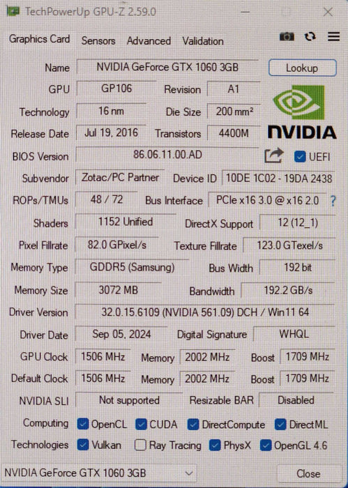 ZOTAC NVIDIA GeForce GTX 1060 3GB GDDR5 Graphics Card