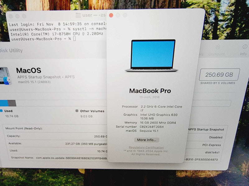 Apple Macbook Pro 2018 15" 6-Core i7-8750H @ 2.2GHz 16GB DDR4 250GB SSD Radeon Pro 555X 4GB (