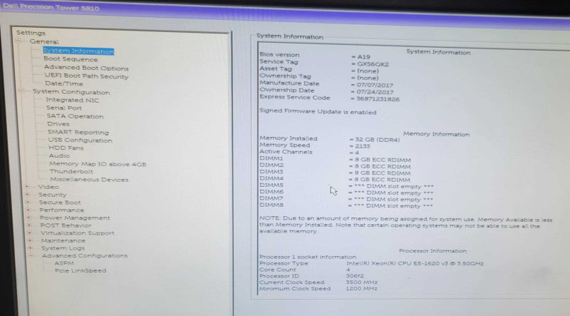 Dell Precision T5810,  E5-1620 v3 3.5GHz 32GB DDR4 Quadro K620, No HDD _