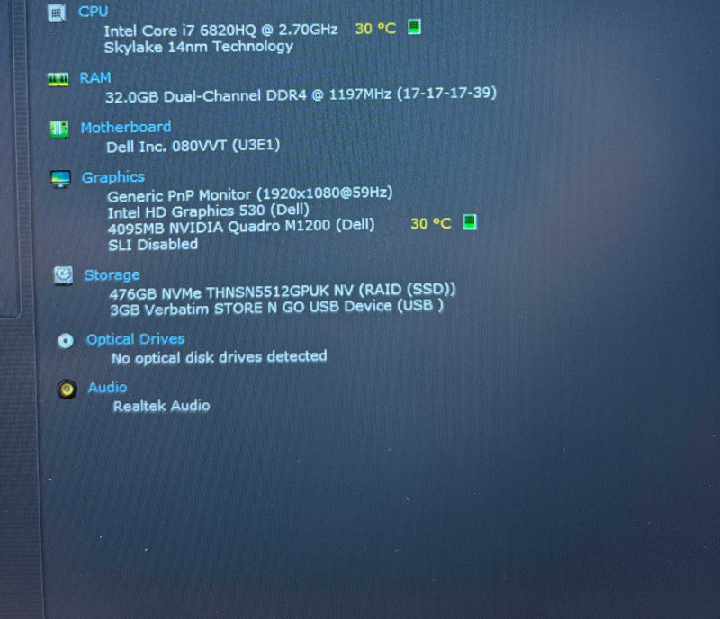 Dell Precision 5520 i7-6820HQ@2.7GHz Quadro M1200 4GB GPU 32GB RAM 512GB SSD  Lap200