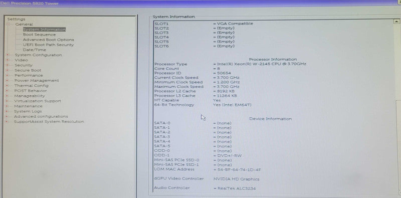 Dell Precision 5820 Tower Workstation, Xeon W-2145 3.70GHz, 64GB DDR4, No GPU _
