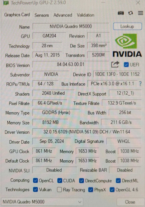 Dell Nvidia Quadro M5000 8GB GDDR5 Workstation Video Graphics Card Y1P3V _
