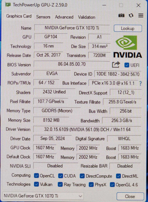 EVGA GeForce GTX 1070 Ti 8GB GDDR5 Video Card