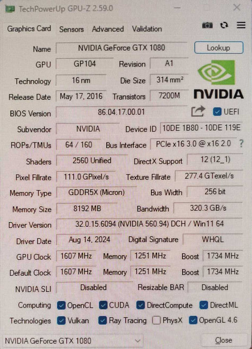 NVIDIA GeFroce GTX 1080 | 8GB GDDR5 GPU | 1xDVI 1x HDMI 3xDP