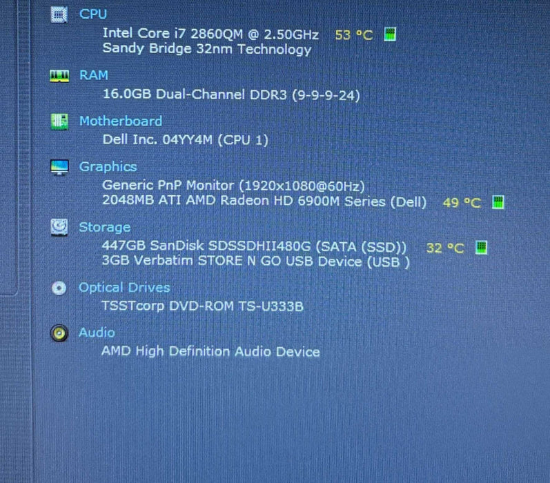 Dell Precision M6600 i7-2860QM@2.50GHz Radeon HD6900M 2GB GPU 16GB RAM 480SSD  Lap200