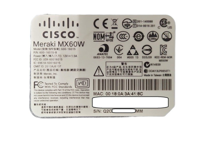 Cisco Meraki MX60W-HW Cloud Managed Security Appliance - UNCLAIMED