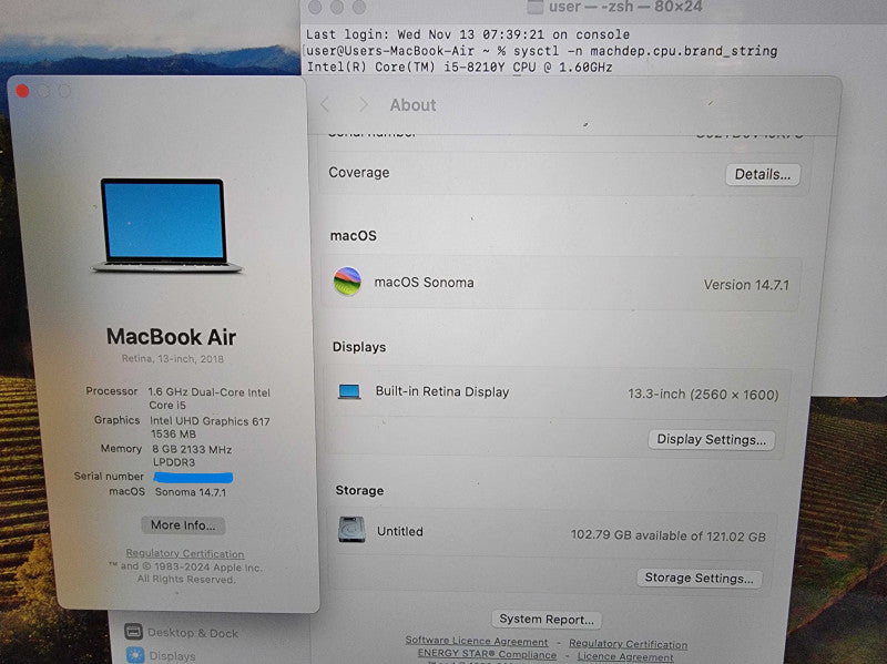 MacBook Air A1932 2018 13" | 2-Core i5-8210Y @1.6GHz 8GB RAM 128GB SSD - READ