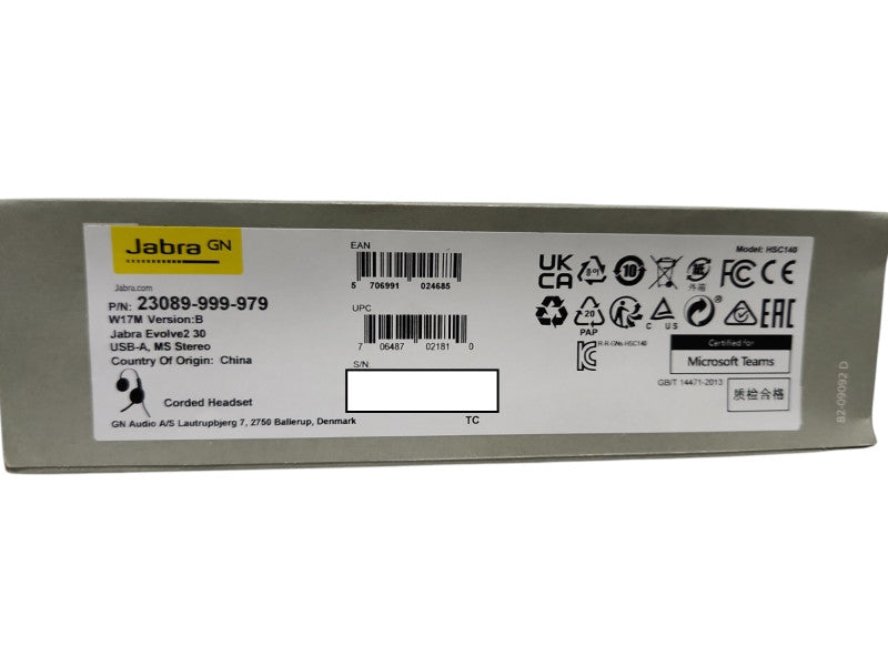 **New Sealed** Jabra Evolve2 30 USB-A UC Stereo Headset, PN 23089-999-979 Q