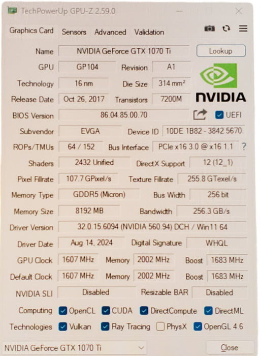 NVIDIA GeForce GTX 1070 Ti | 8GB GDDR5 GPU | 1xDVI 1xHDMI 3xDP