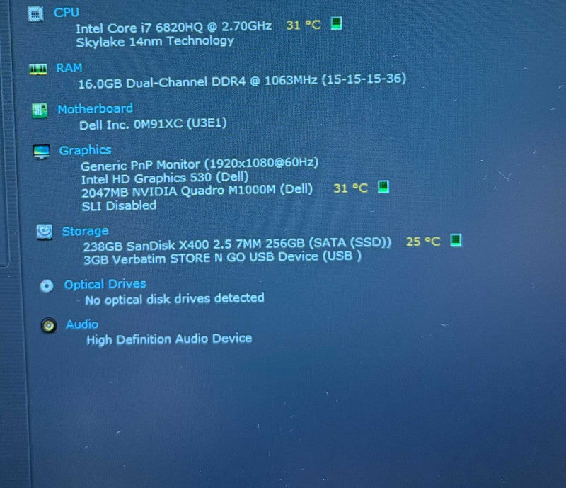 Dell Precision 7510 i7-6820HQ@2.7GHz QUADRO M1000M 2GB GPU 16GB RAM 256GB SSD Q Lap200