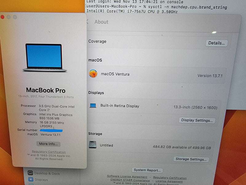 MacBook Pro 13" 2017 A1706 | 2-Core i7-7567U @3.5GHz 16GB RAM 500GB SSD -READ