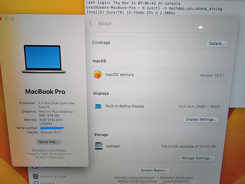 MacBook Pro 13" 2017 A1708 | 2-Core i5-7360U @2.3GHz 8GB RAM 120GB SSD - READ