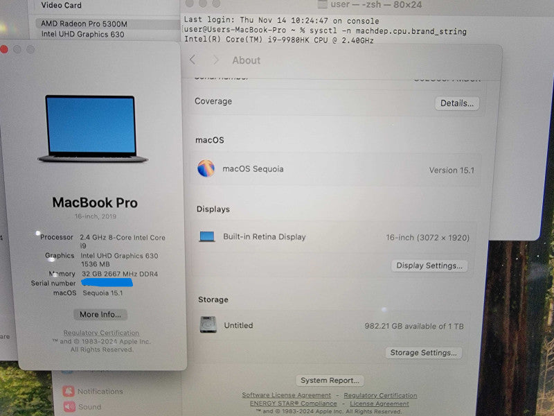 MacBook Pro 2019 16" A2141 | 8-Core i9-9980HK @2.4GHz 32GB RAM 1TB SSD Radeon