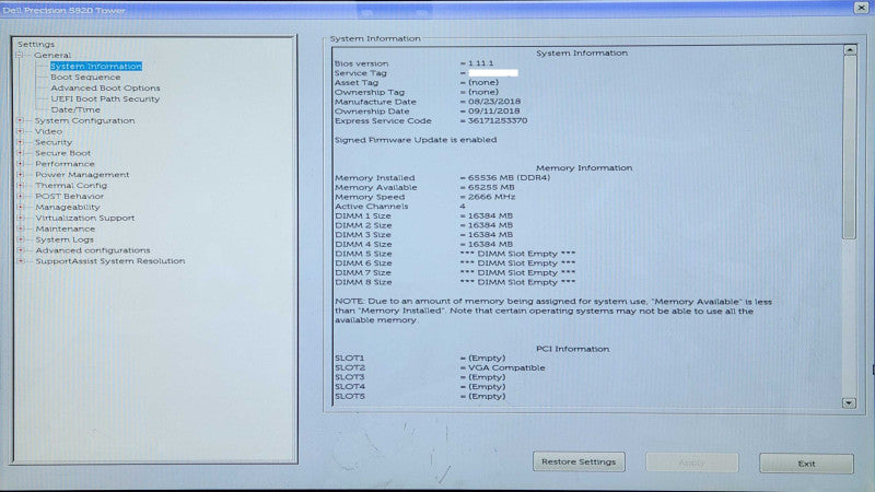 Dell Precision 5820 Tower, Xeon W-2145 3.70GHz, 64GB DDR4, No HDD/GPU/PSU