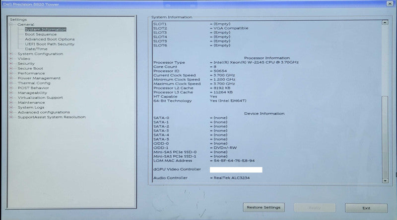 Dell Precision 5820 Tower, Xeon W-2145 3.70GHz, 64GB DDR4, No HDD/GPU/PSU