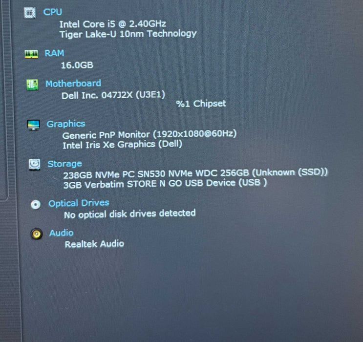 Dell Latitude 5420 Intel Core i5-1035G7@2.4GHz 16GB DDR4 RAM 256GB SSD