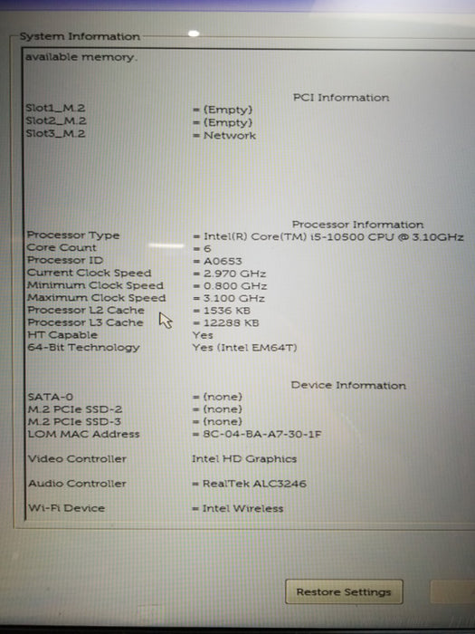 DELL OPTIPLEX 7080 USFF INTEL CORE I5-10500T @2.30GHZ 16GB RAM NO-HDD/SSD