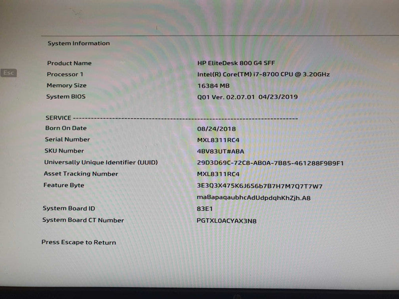 HP EliteDesk 800 G4 SFF | i7-8700 @ 3.2GHz | 16GB DDR4 | No HDD/OS