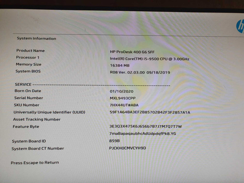 HP ProDesk 400 G6 SFF, i5-9500 CPU@ 3.00 GHz, 16GB DDR4 Q