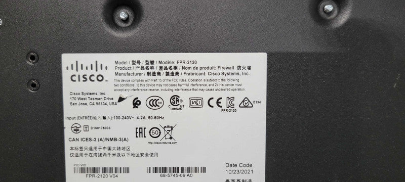 Cisco FPR-2120 Firewall Security Appliance w/ FPR2K-SSD100 _