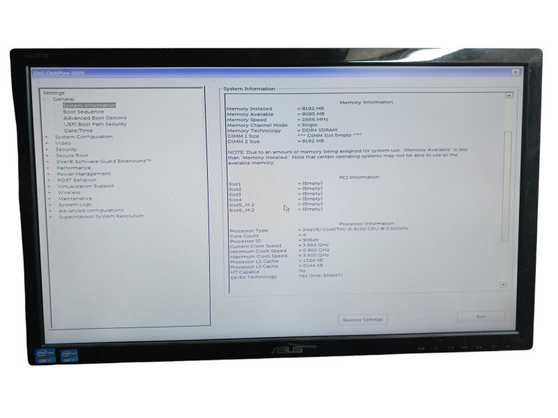 Dell OptiPlex 5070 Tower Intel i3-9100 3.6GHz 8GB DDR4