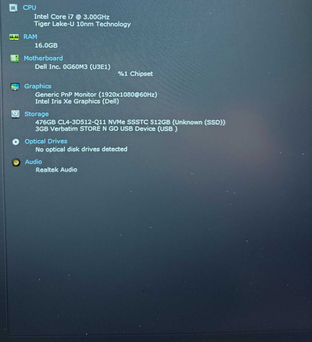 Dell Latitude 5520 Intel Core i7-1185G7@3GHz 16GB DDR4 RAM 512GB NVMe SSD  Lap200