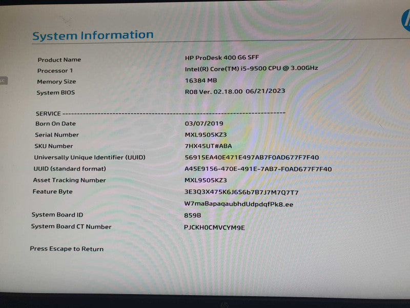 HP ProDesk 400 G6 SFF, i5-9500 CPU@ 3.00 GHz, 16GB DDR4
