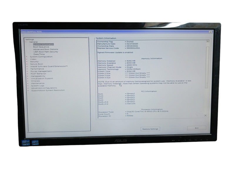 Dell OptiPlex 7070 Intel i5-8500 3.00GHz 8GB RAM