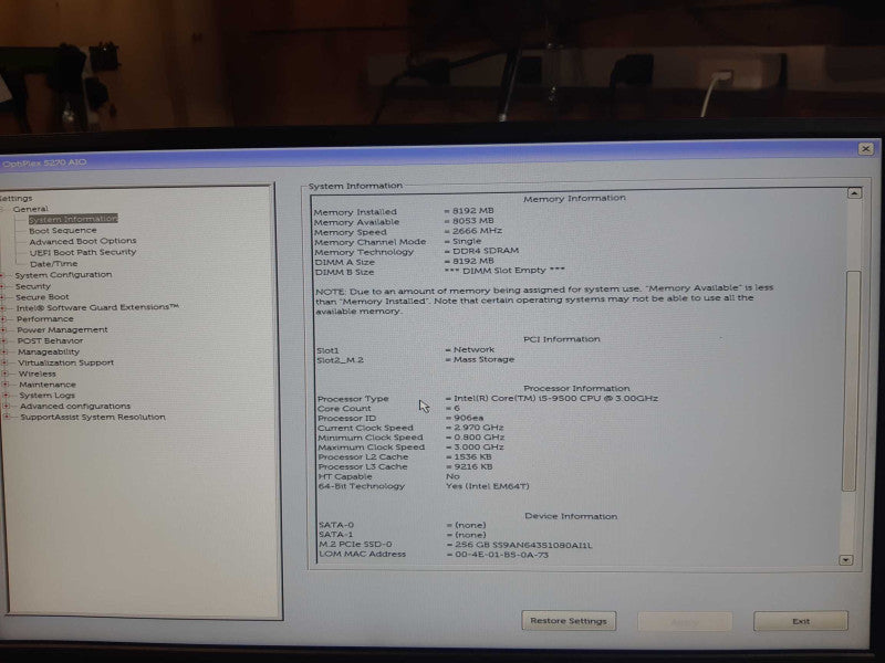 Dell OptiPlex 5270 AIO i5-9500 CPU @ 3.00 GHz, 8 GB RAM, 256GB M.2, Win 11 Pr Q