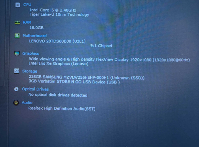 Lenovo ThinkPad E15 Intel Core i5-1135G7@2.4GHz 16GB DDR4 RAM 256GB NVMe SSD  Lap200